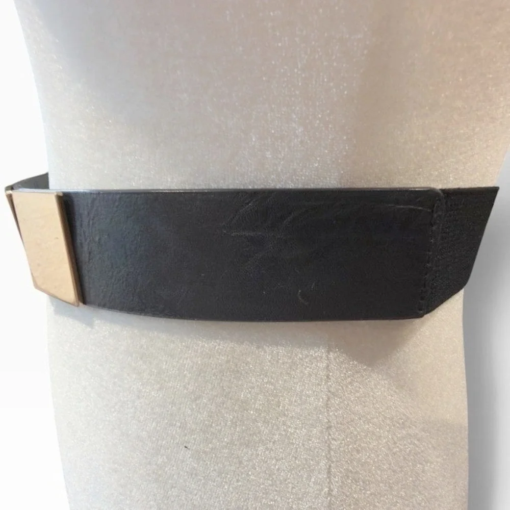 Black Elastic Belt Women M Gold Metal Plate 80s Glam Statement Maximal Vintage